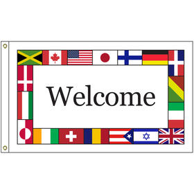international welcome 5' x 8' knit poly flag with heading and grommets