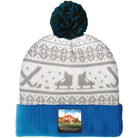 knit beanie with pom and ribbed cuff (printed logo)