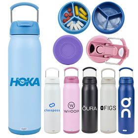 nomad 24oz double walled vacuum insulated bottle with handle, bottom storage, & dual-use lid