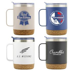 classic 12oz double walled stainless steel campfire mug with cork bottom
