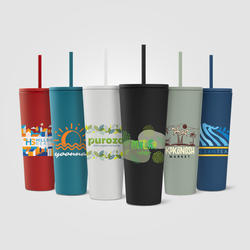 Spire - 24 oz Soft Touch Double Wall Recycled Plastic Tumbler w/ Straw - ColorJet